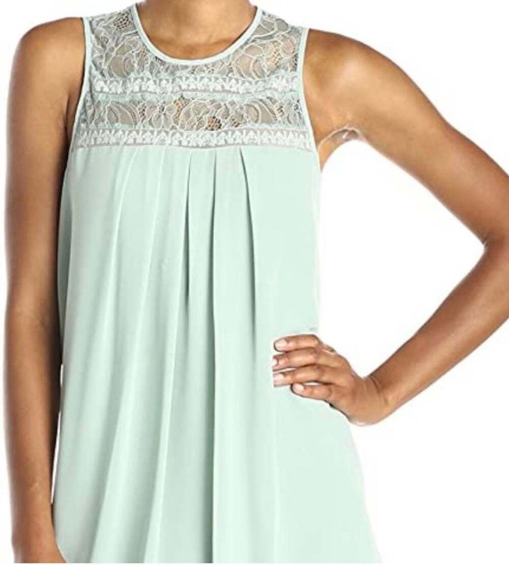 BCBGeneration Babydoll Sage Green Pleated Chiffon Dress with Lace Yoke Detail